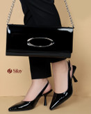 کفش ورنی پشت باز پاشنه 7 سانت مشکی با کیف