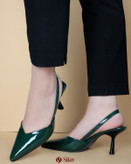 کفش ورنی مجلسی پشت باز بندی مدل هفتی نوک تیز سبز یشمی