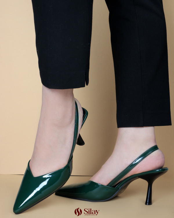 کفش ورنی مجلسی پشت باز بندی مدل هفتی نوک تیز سبز یشمی