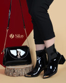 نیم بوت زنانه نوکتیز نوکطلایی | چرم صنعتی بیاله و ورنی مشکی | شیک و مجلسی جنس ورنی