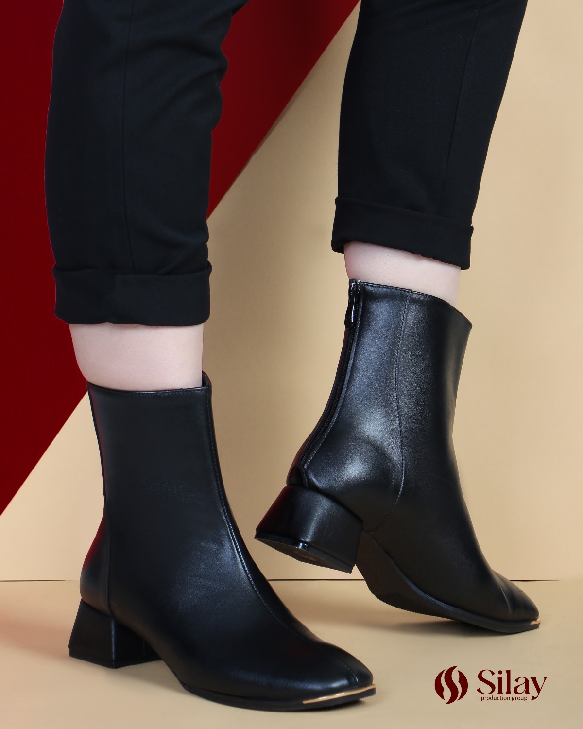 نیم بوت زنانه مشکی پنجه مربعی سیلای | مدل کلاسیک و راحت با پاشنه کوتاه