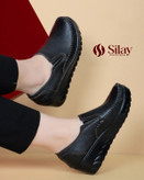 کفش زنانه طبی چرم طبیعی دستدوز لژدار | مدل دور دوخت رنگ مشکی