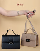 کیف زنانه یراق قفلی دو دکمه مشکی و نسکافه ای