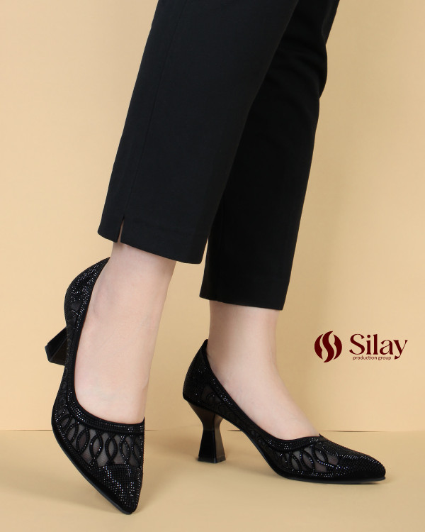 کفش مجلسی زنانه نگیندار توری مشبک پاشنه ۷ سانتی