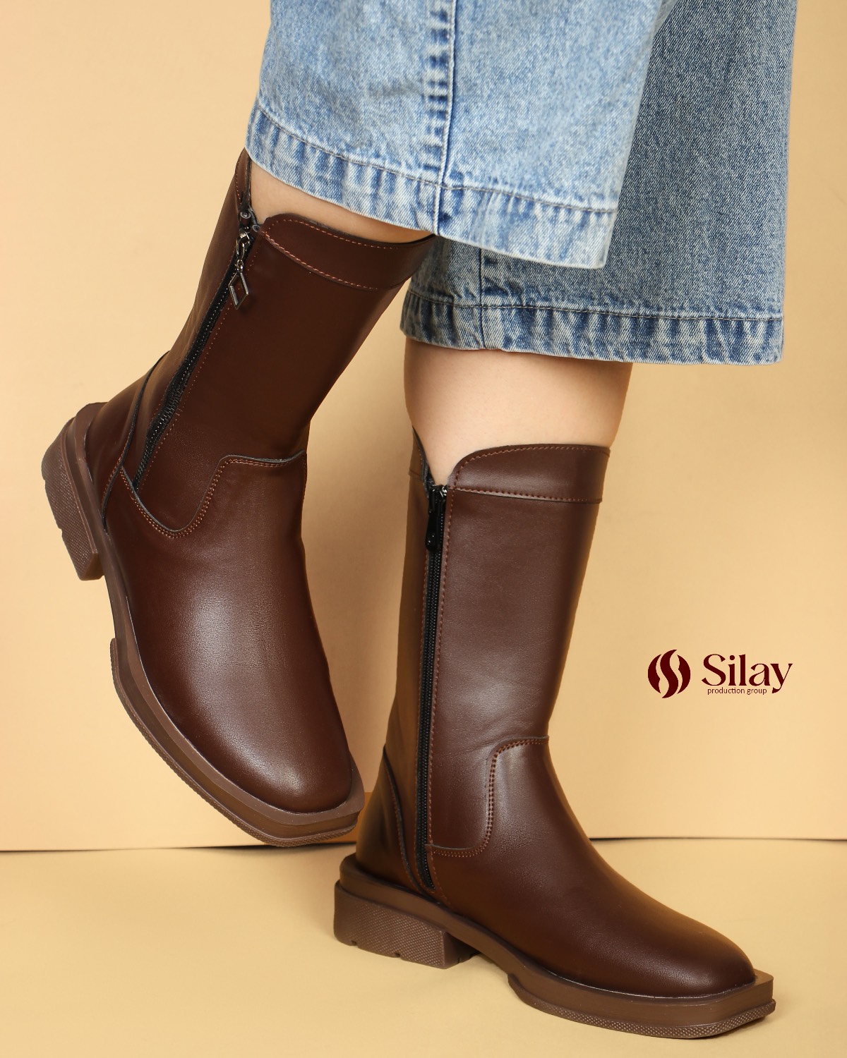 نیم بوت زنانه ساق بلند ۲۷ سانتی | پشت چرم وارداتی + زیره شکلاتی و کفی تکسون قهوه ای