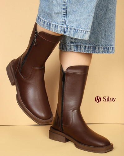 نیم بوت زنانه ساق بلند ۲۷ سانتی | پشت چرم وارداتی + زیره شکلاتی و کفی تکسون قهوه ای