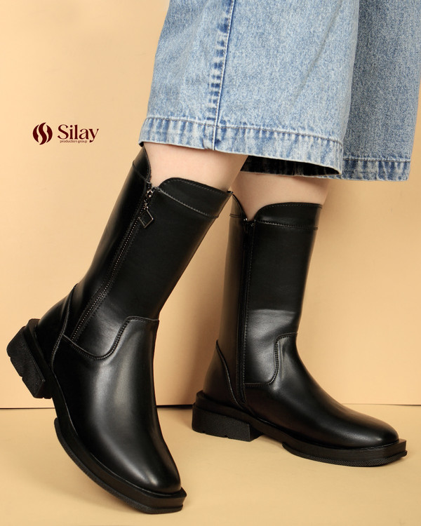 نیم بوت زنانه ساق بلند ۲۷ سانتی | پشت چرم وارداتی + زیره شکلاتی و کفی تکسون مشکی
