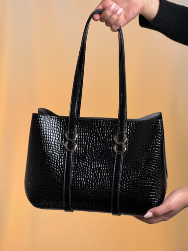 کیف زنانه جنس ورنی لوبیایی وارداتی مدل دو حلقه رنگ مشکی