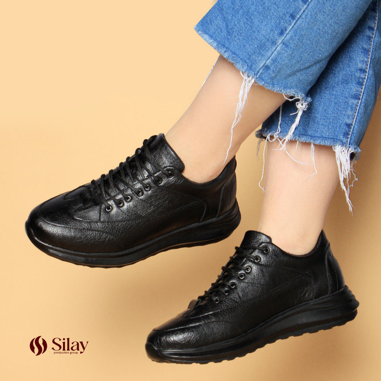 کفش اسپورت زنانه پشت چرم رویه دوخت | رنگ تمام مشکی